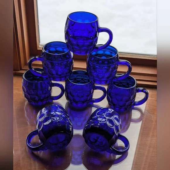 RARE Set of 8 Vintage Cobalt Blue Beer Mugs - 1930s New Martinsville Steins Gift - Picture 13 of 17